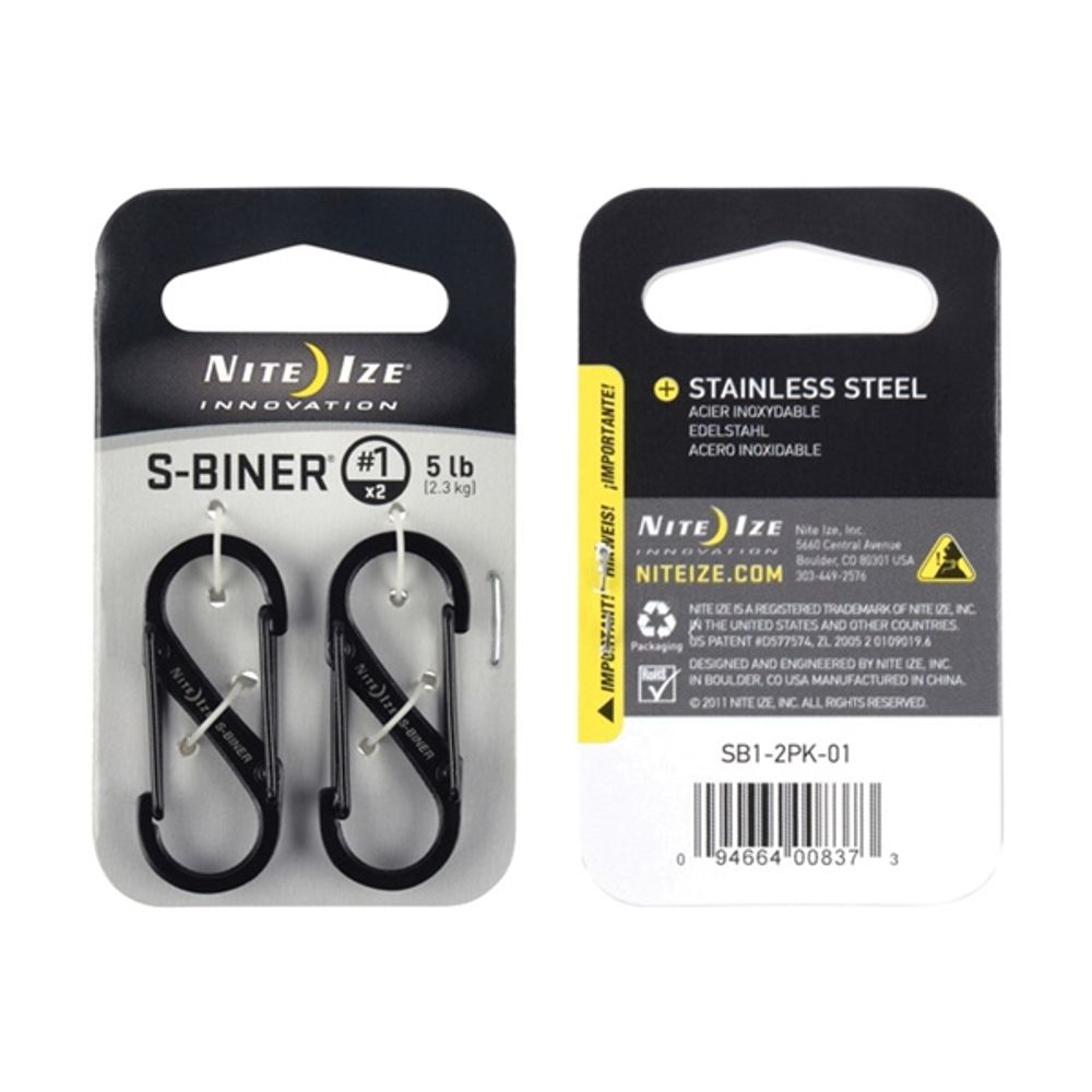 Nite Ize, S-Biner SB1-2PK-01 Dual Carabiner, #1 Dia Ring, Stainless Steel, Black
