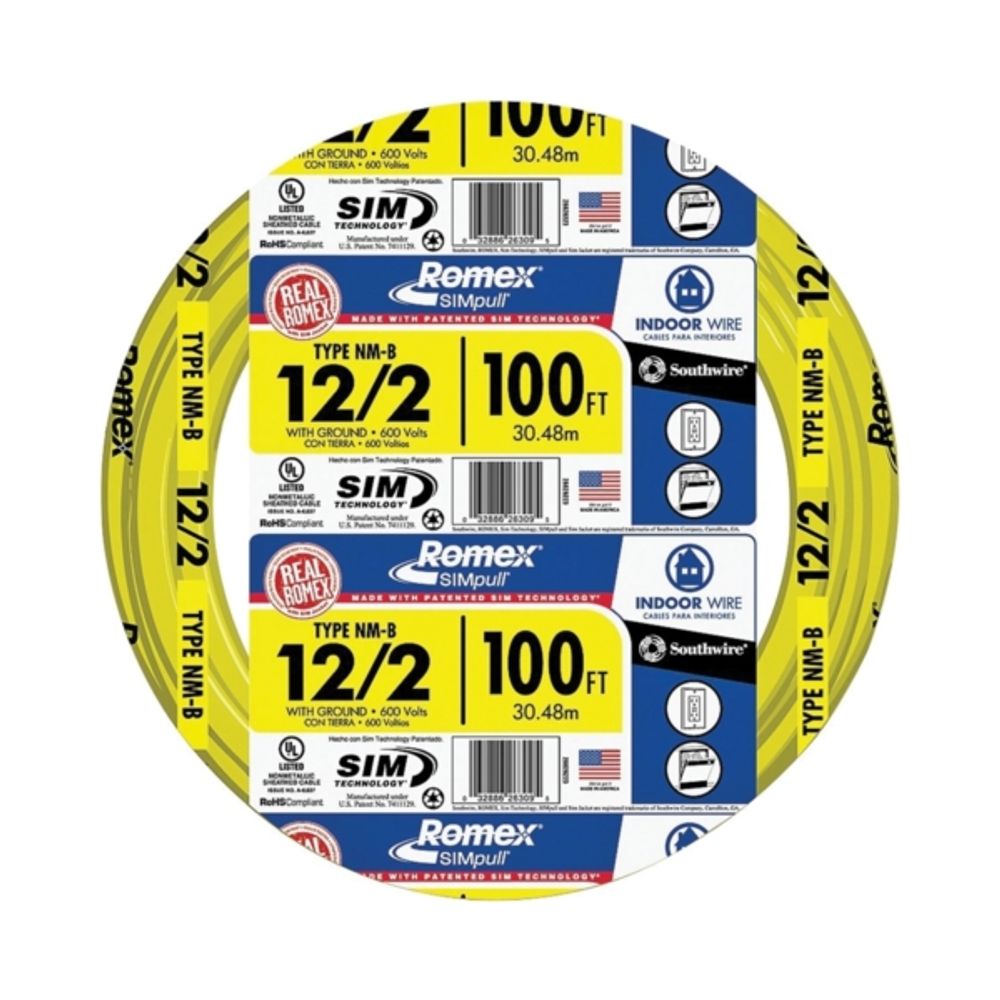 Southwire 12/2NM-WGX100 Type NM-B Sheathed Cable, 12 AWG, 100 ft L, Yellow Nylon Sheath