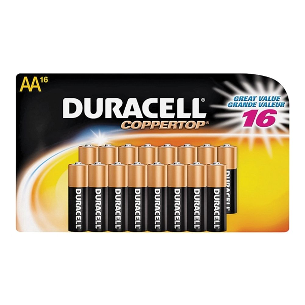 DURACELL COPPERTOP MN1500 Series MN1500B16 Alkaline Battery, AA, Manganese Dioxide, 1.5 V