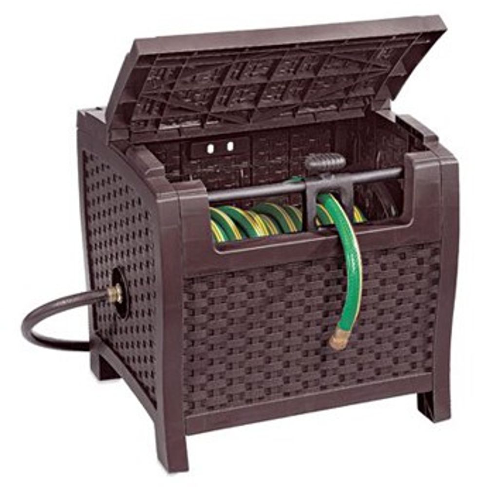 Suncast Brown Resin Wicker Slide Trak Hideaway Hose Reel, 175 ft. Hose Capacity
