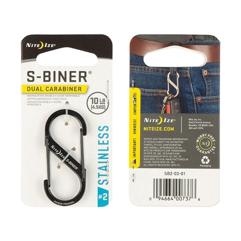 Nite Ize S-Biner SB2-03-01 Dual Carabiner, #2 Dia Ring, Stainless Steel, Black
