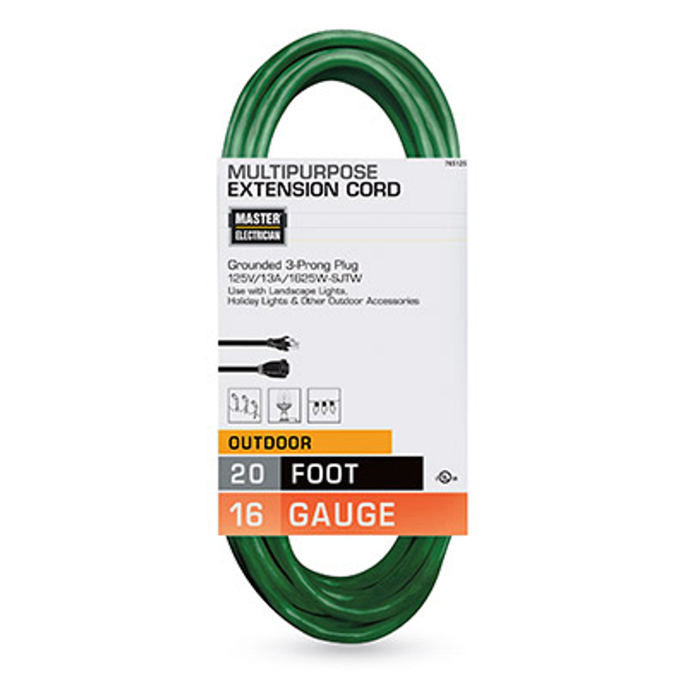 Master Electrician Outdoor Extension Cord, 16/3 SJTW, Green, 20-Ft.