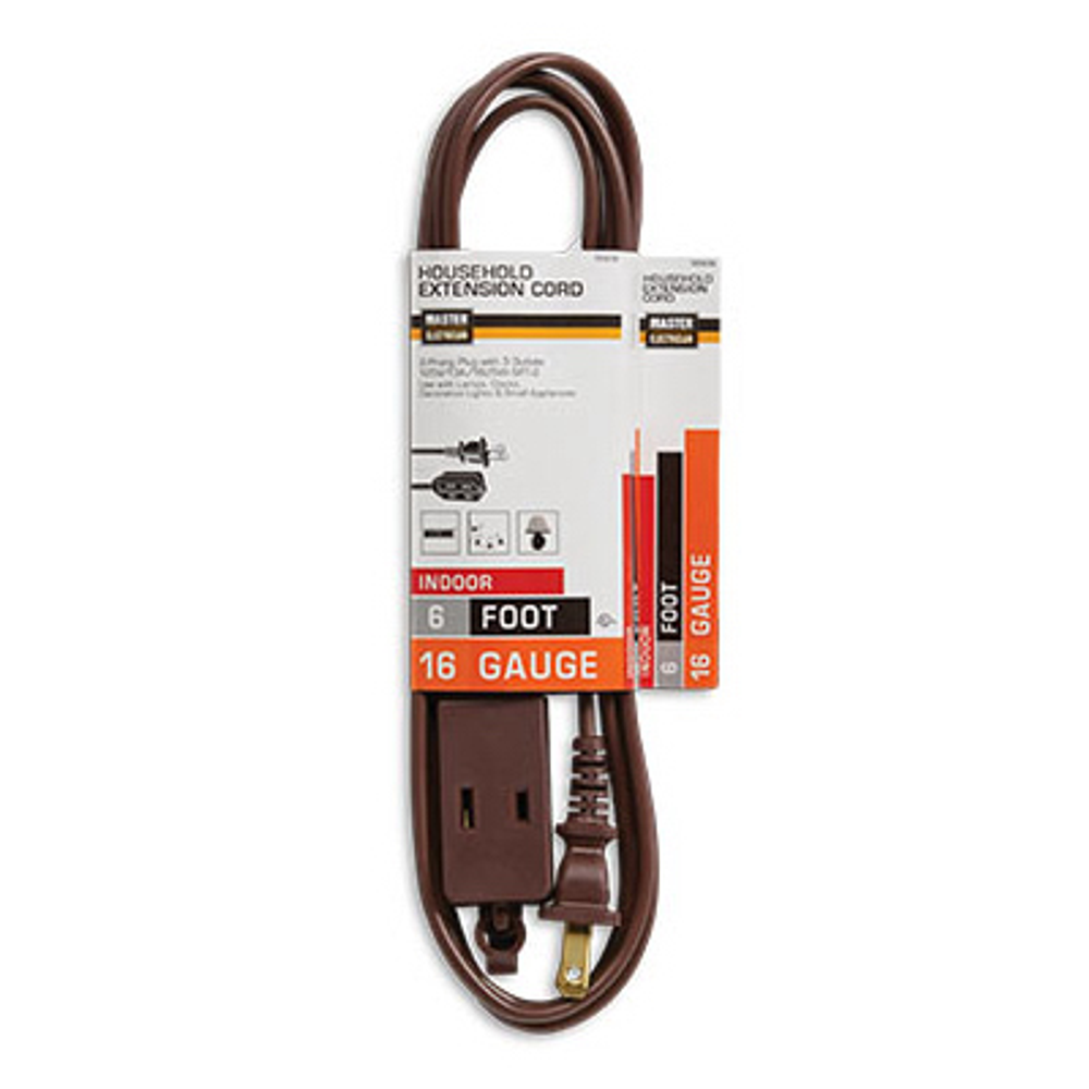 Master Electrician Extension Cord, 16/2 SPT-2, Brown, Polarized Cube Tap, 6-Ft.