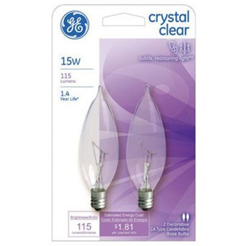 GE Incandescent Crystal Clear Chandelier Light Bulb, Soft White, 15 Watt, 2 pk
