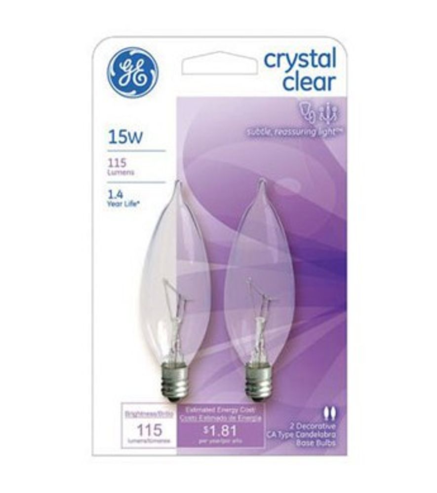 GE Incandescent Crystal Clear Chandelier Light Bulb, Soft White, 15 Watt, 2 pk