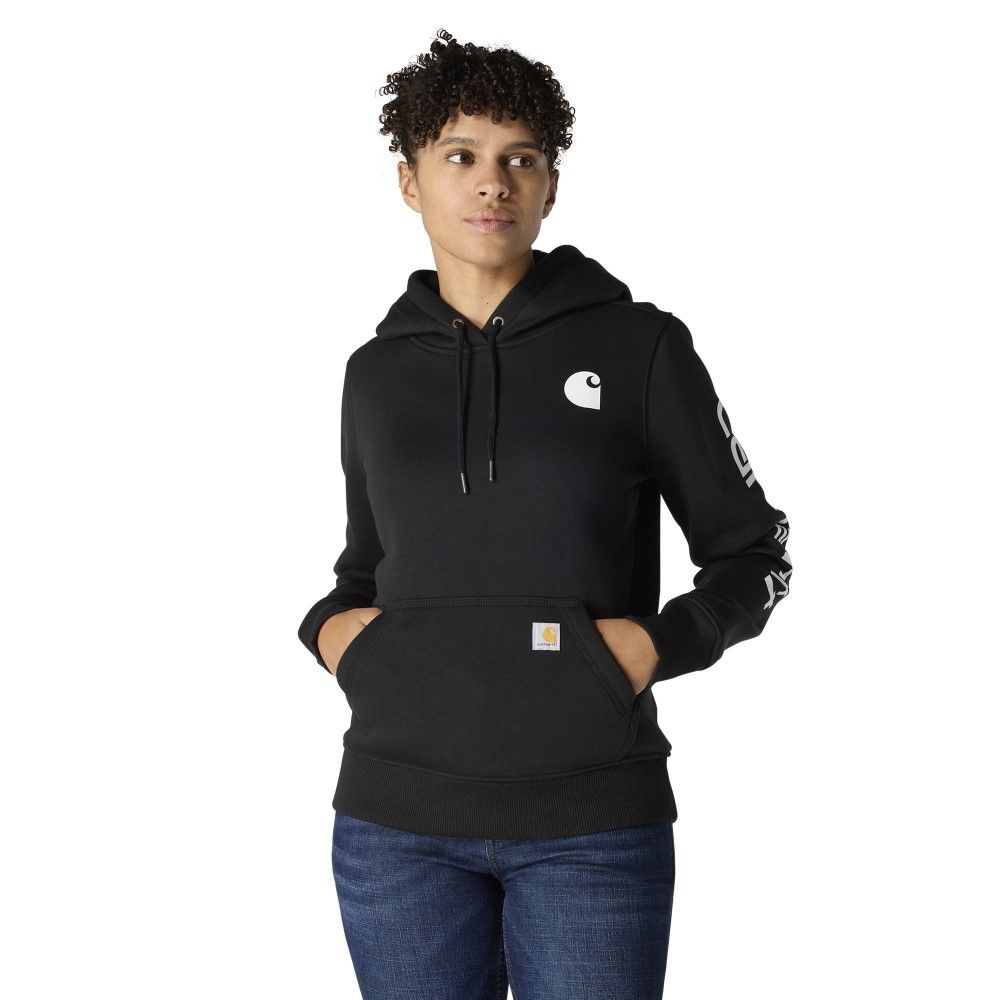 Carhartt, Ladies Black Relaxed Fit Midweight Logo Sleeve Graphic Hoodie