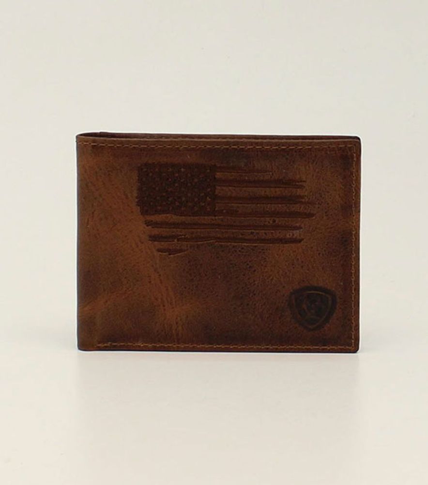 Ariat Men's Brown Distressed USA Flag Bifold Wallet, A3545602