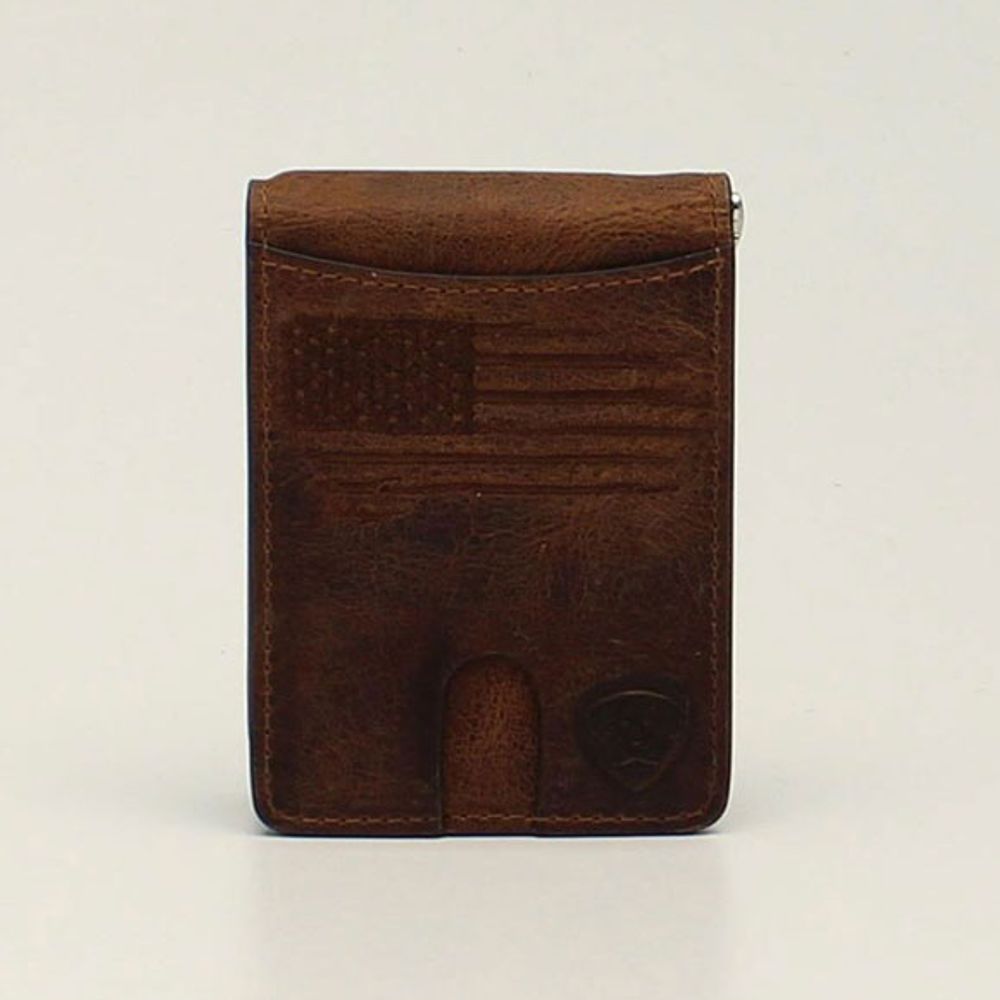 Ariat Men's Brown Distressed USA Flag Bifold Money Clip Wallet, A3546002
