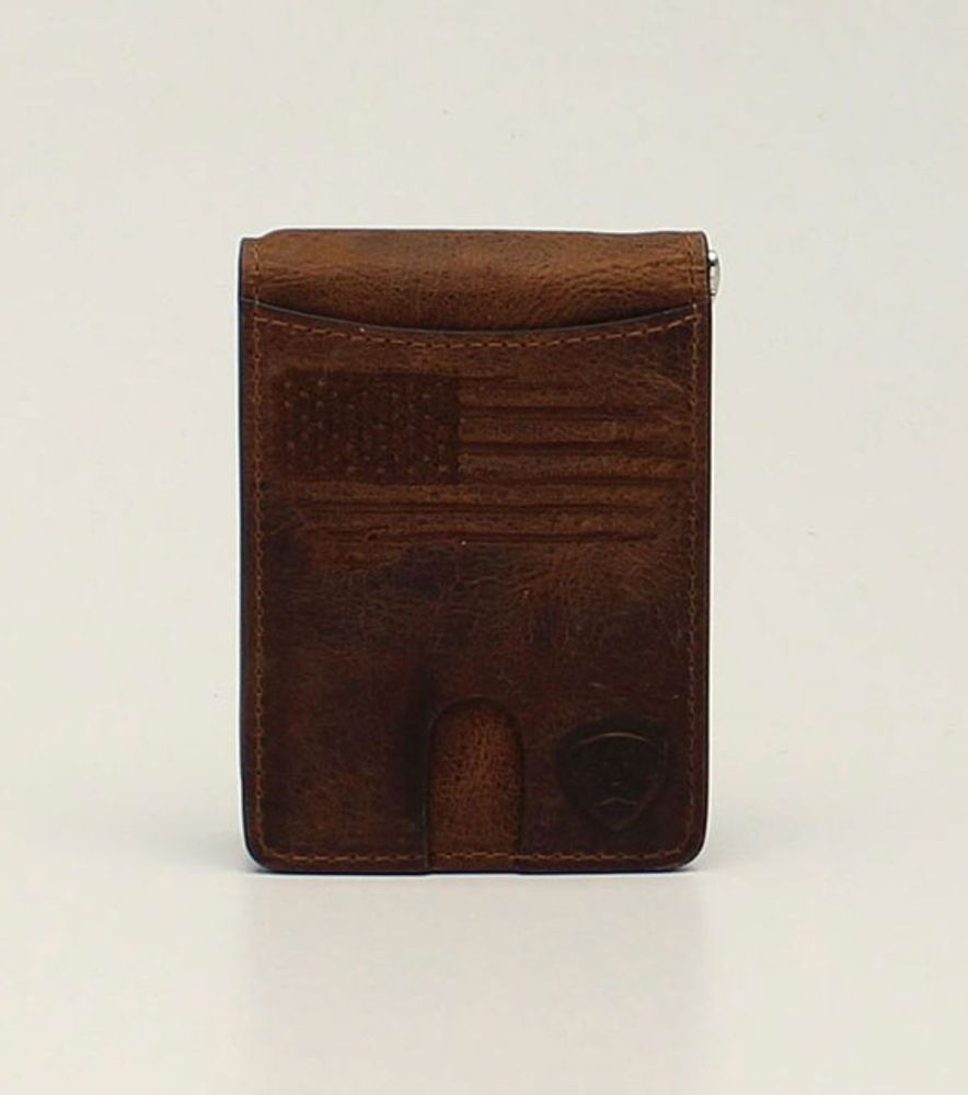 Ariat Men's Brown Distressed USA Flag Bifold Money Clip Wallet, A3546002