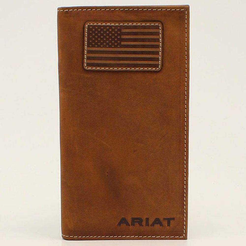 Ariat Men's Brown Flag Patch Checkbook Leather Rodeo Wallet, A3548344