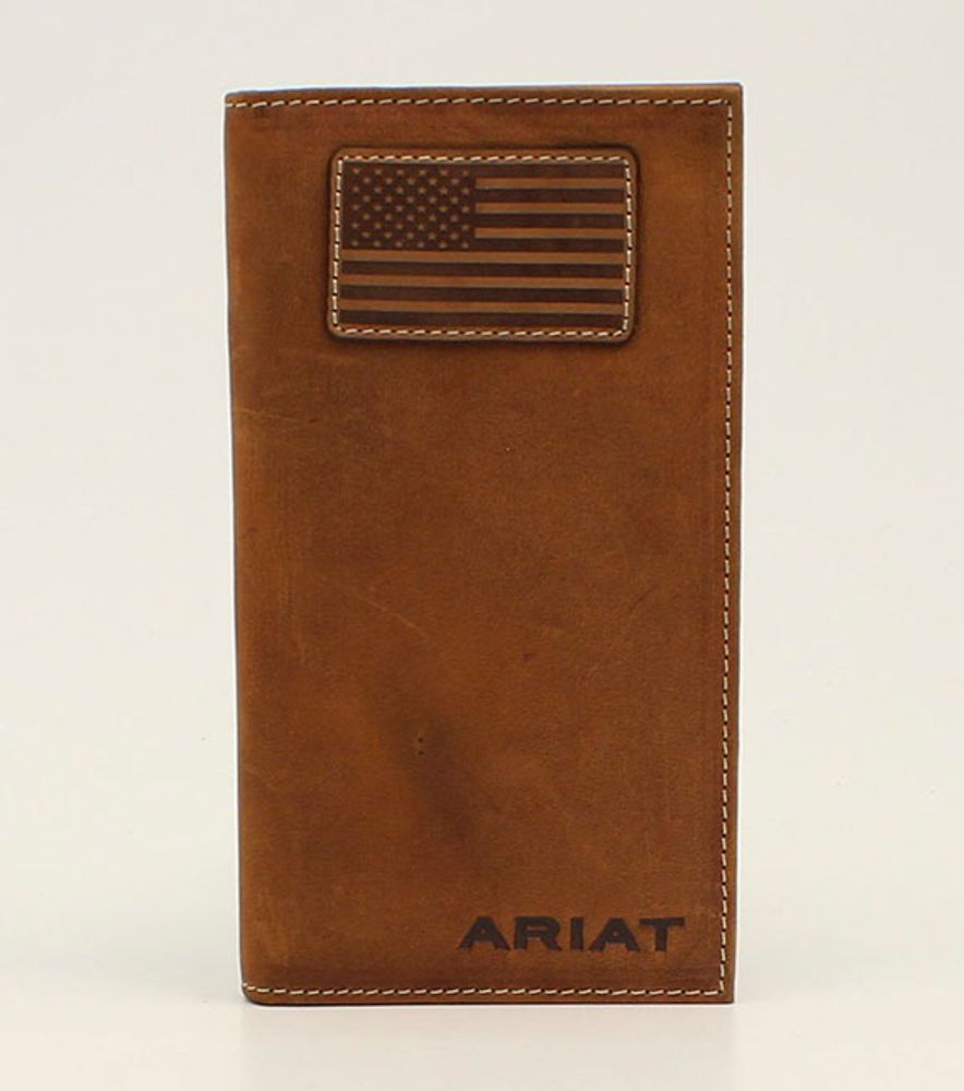 Ariat Men's Brown Flag Patch Checkbook Leather Rodeo Wallet, A3548344