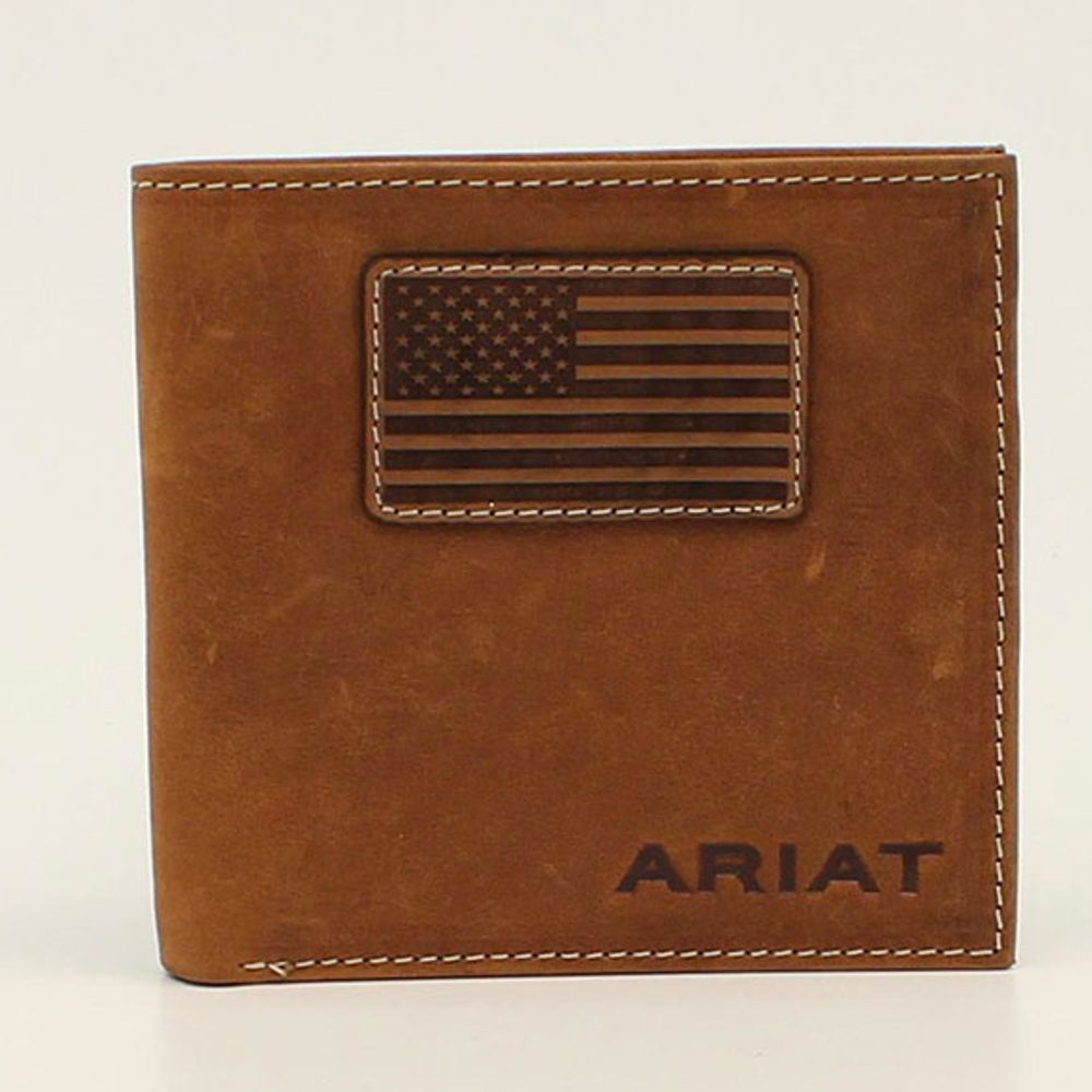 Ariat Men's Brown Flag Patch Leather Bifold Wallet, A3548544
