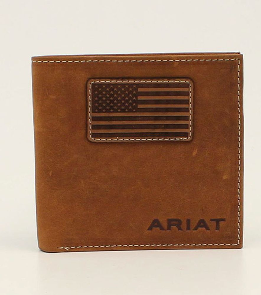 Ariat Men's Brown Flag Patch Leather Bifold Wallet, A3548544