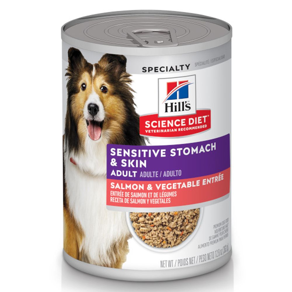 Science Diet, Adult Sensitive Stomach & Skin Salmon & Vegetable Entrée Dog Food, 12.8 oz