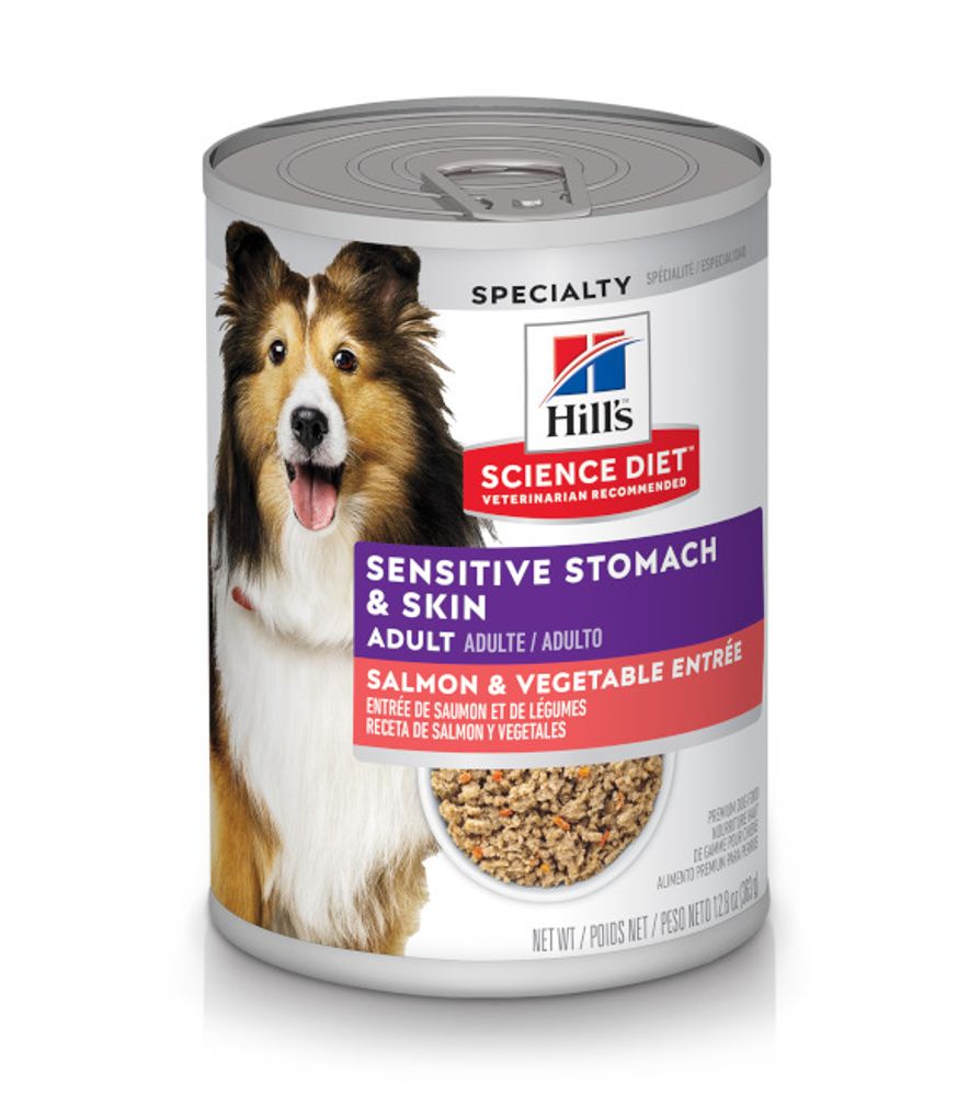Science Diet, Adult Sensitive Stomach & Skin Salmon & Vegetable Entrée Dog Food, 12.8 oz