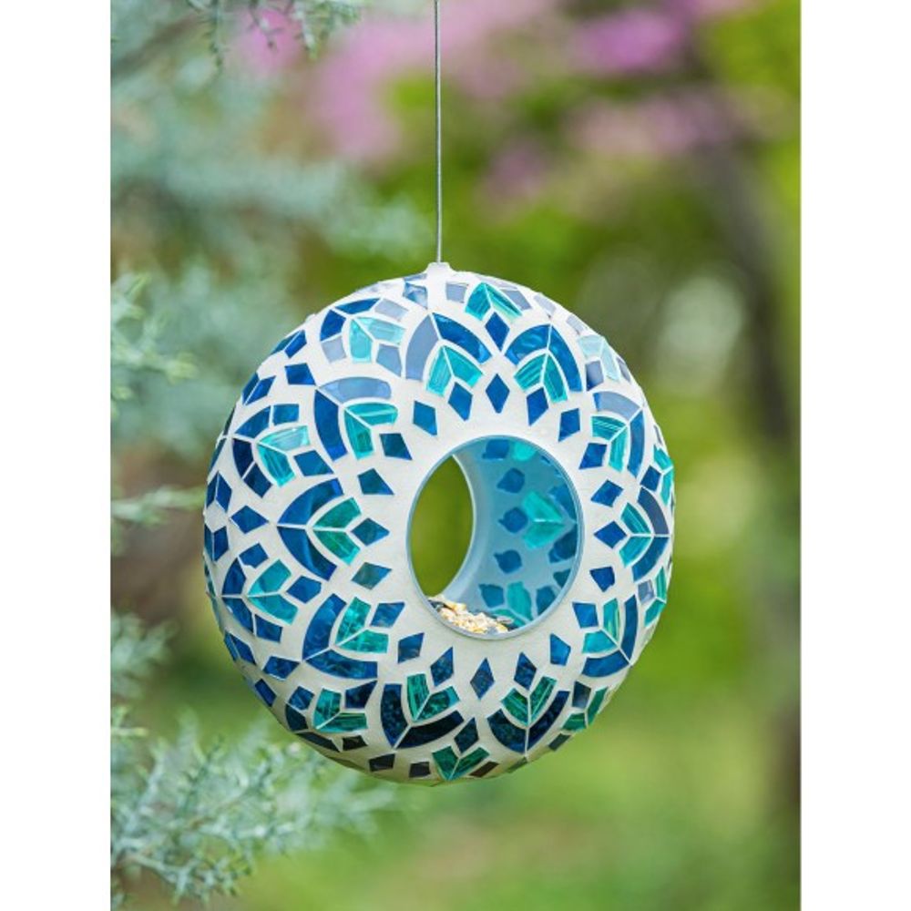 Evergreen, Blue Mosaic Glass Circle Bird Feeder, 2BF7091