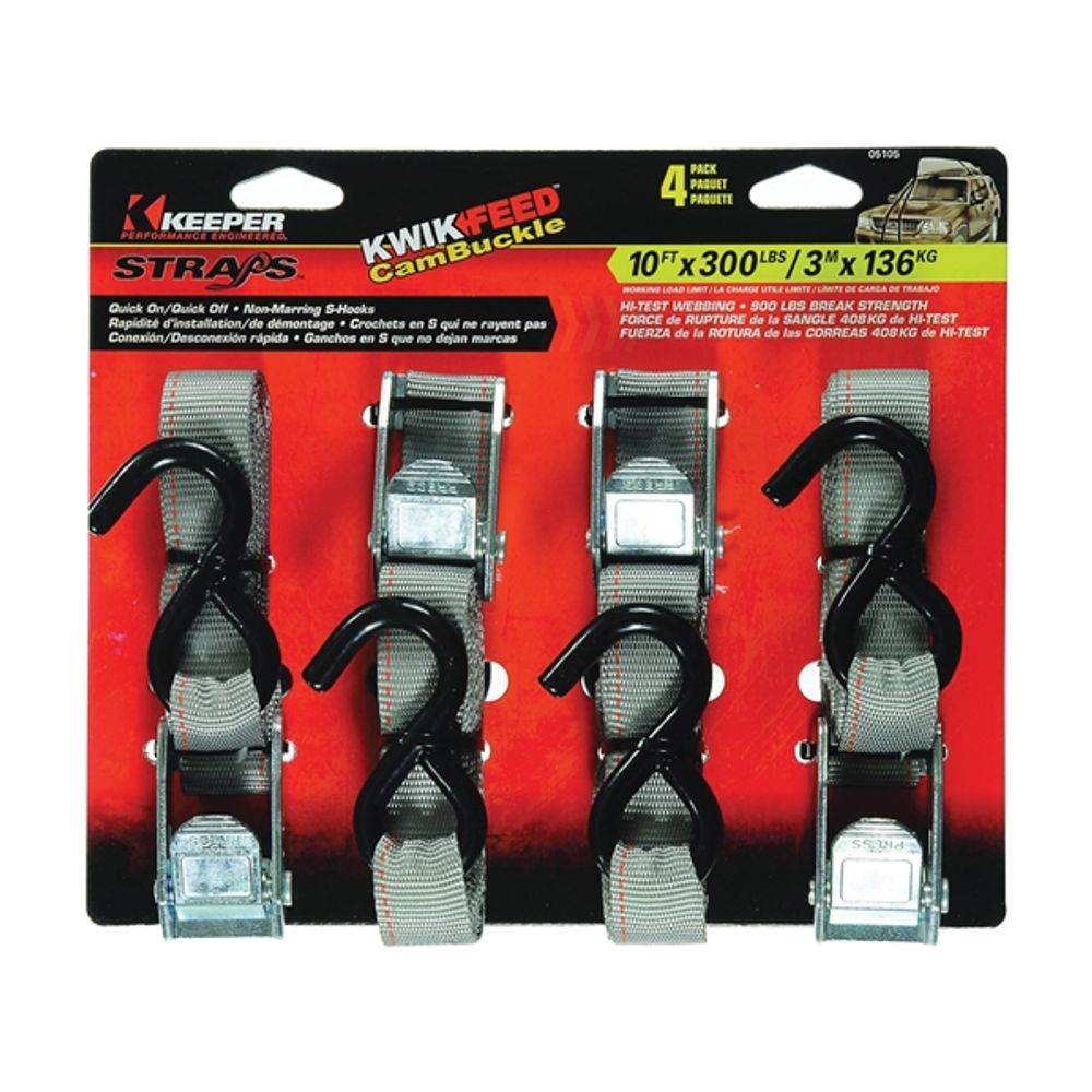 Keeper, 10' Cam Buckle Tie Down, 4 pk
