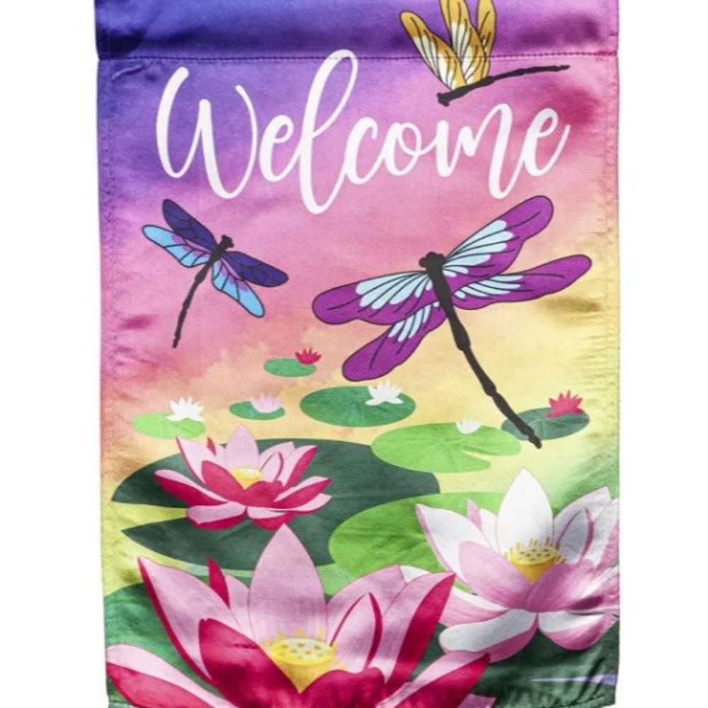 Evergreen, Welcome Dragonfly with Lily Pads Lustre Flag