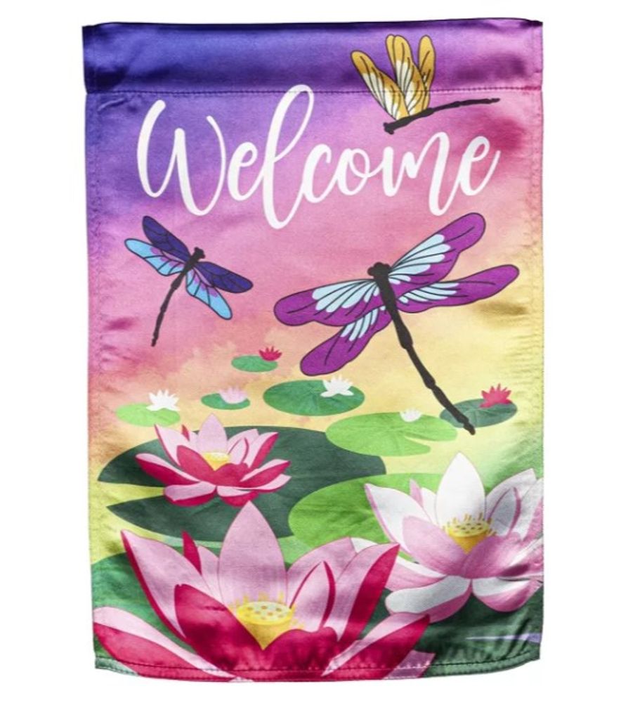 Evergreen, Welcome Dragonfly with Lily Pads Lustre Flag