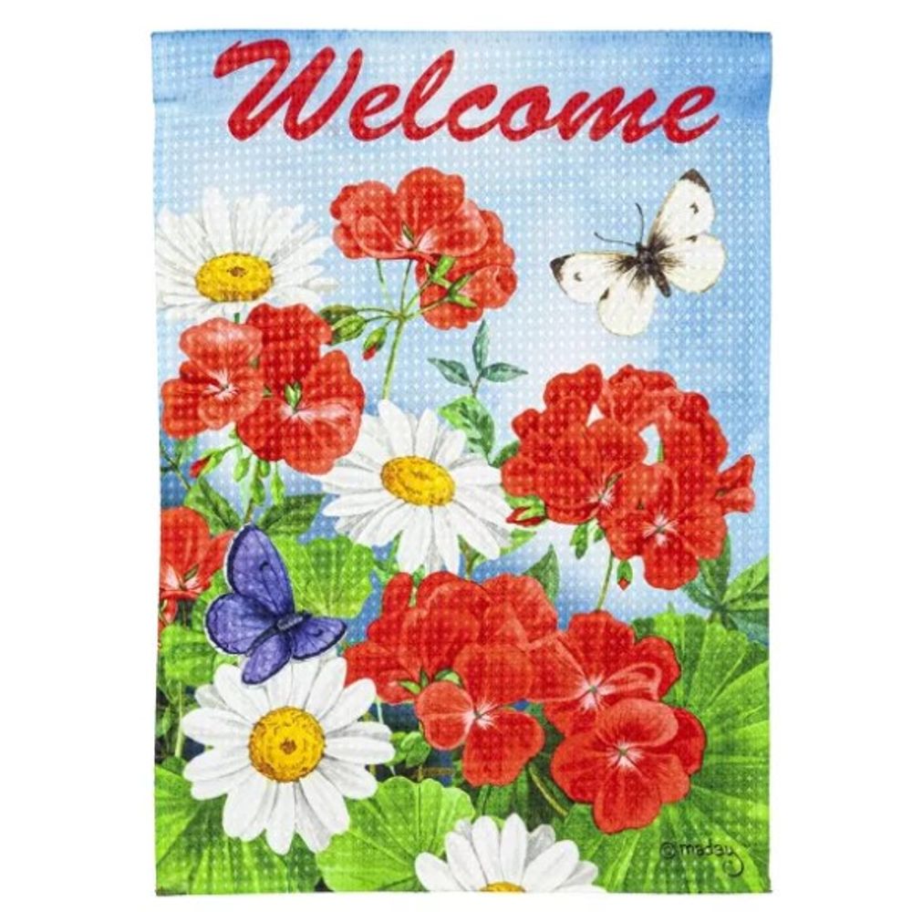 Evergreen, Geraniums and Daisies Garden Waffle Flag, 18"