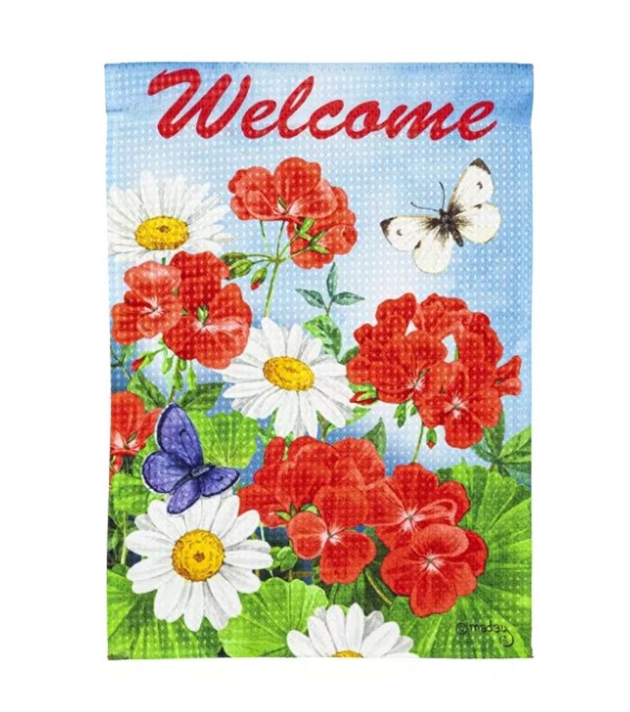 Evergreen, Geraniums and Daisies Garden Waffle Flag, 18"