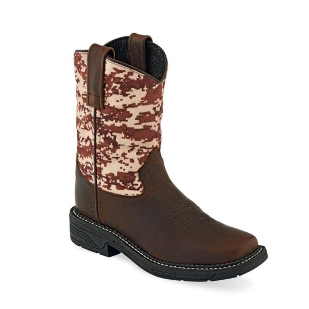 Old West, Boys Brown/Digital Camo Children's Leather Cowboy Boots, WB1006