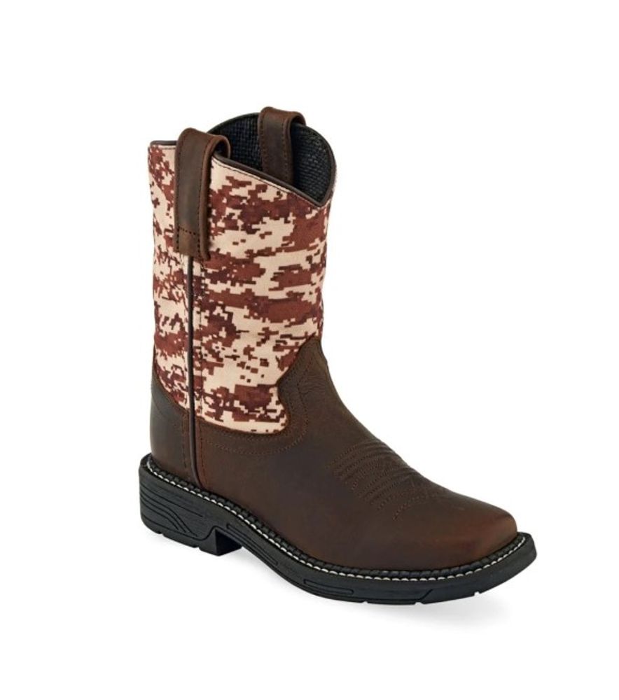 Old West, Boys Brown/Digital Camo Children's Leather Cowboy Boots, WB1006