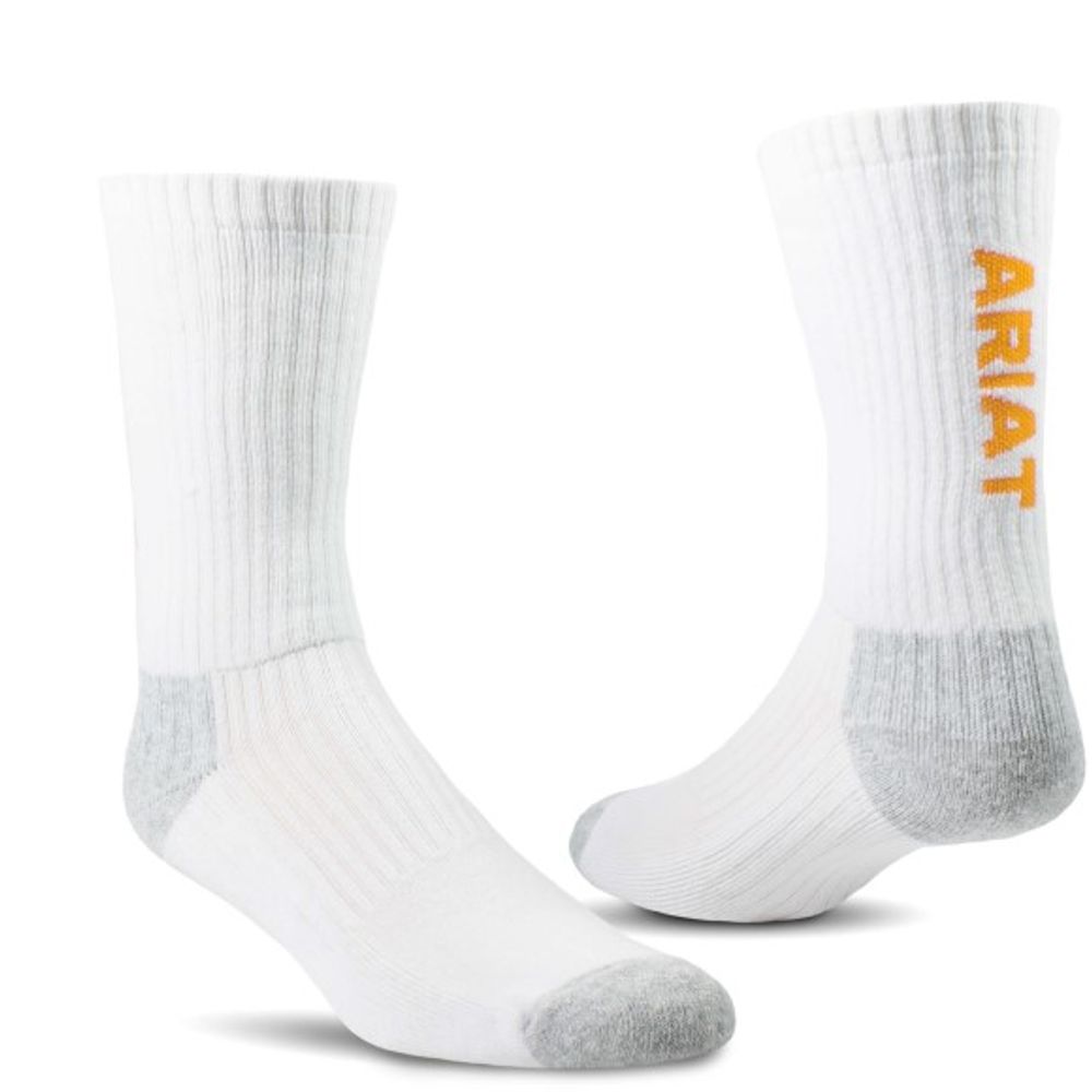 Ariat, Unisex White Premium Ringspun Cotton Crew Work Sock, 3 pk