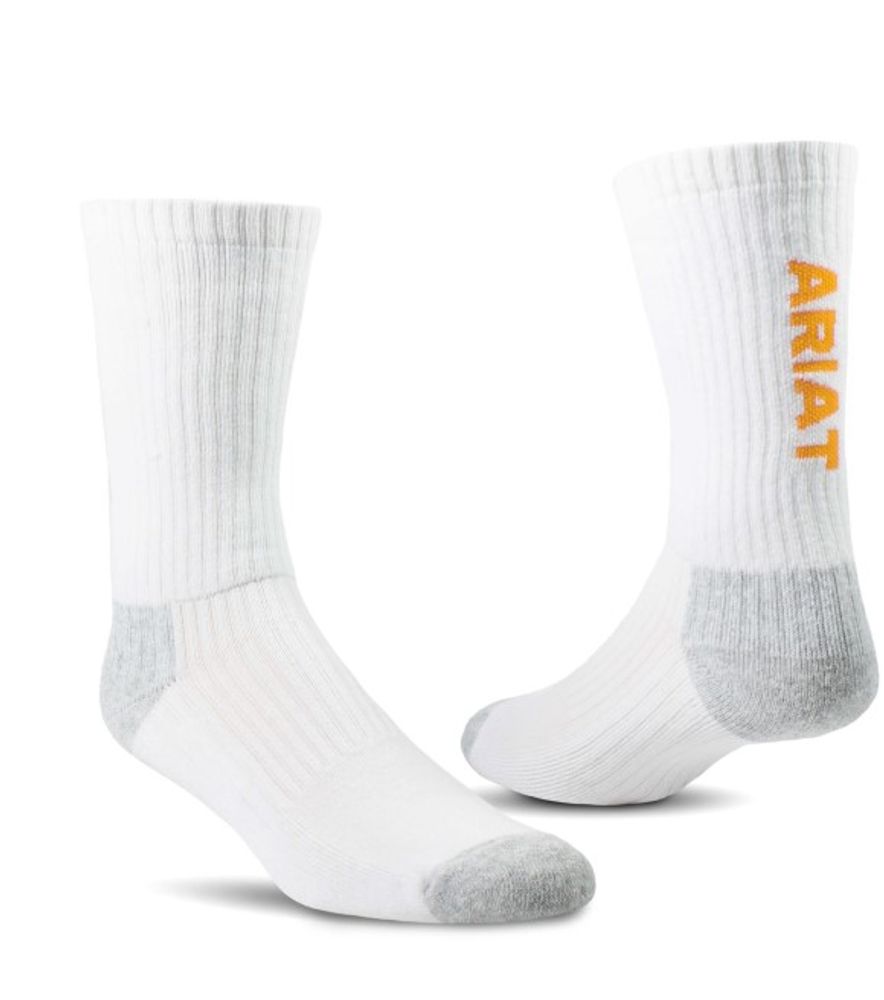 Ariat, Unisex White Premium Ringspun Cotton Crew Work Sock, 3 pk
