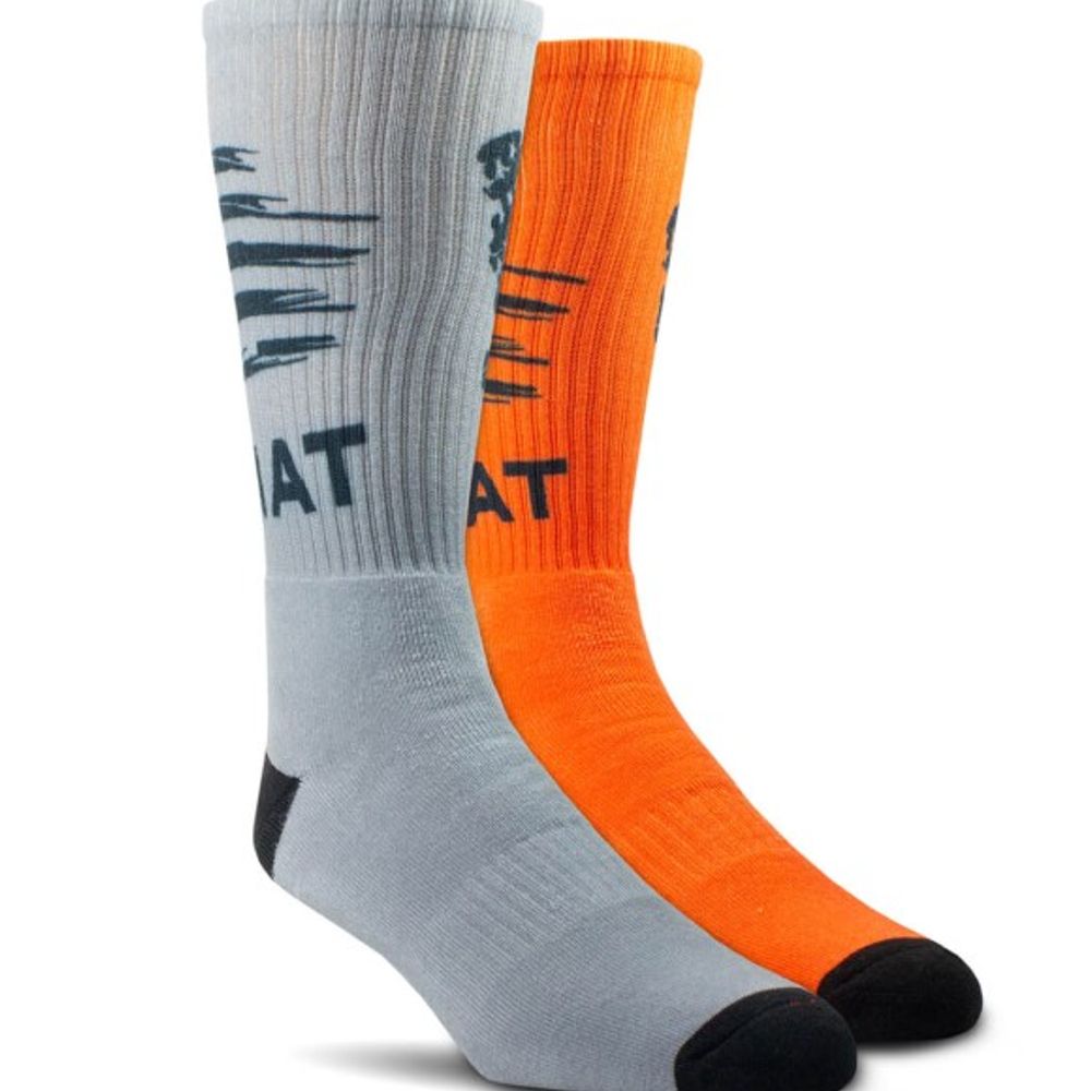 Ariat, Men's Grey & Orange Patriot Graphic Crew Work Sock, 2 pk
