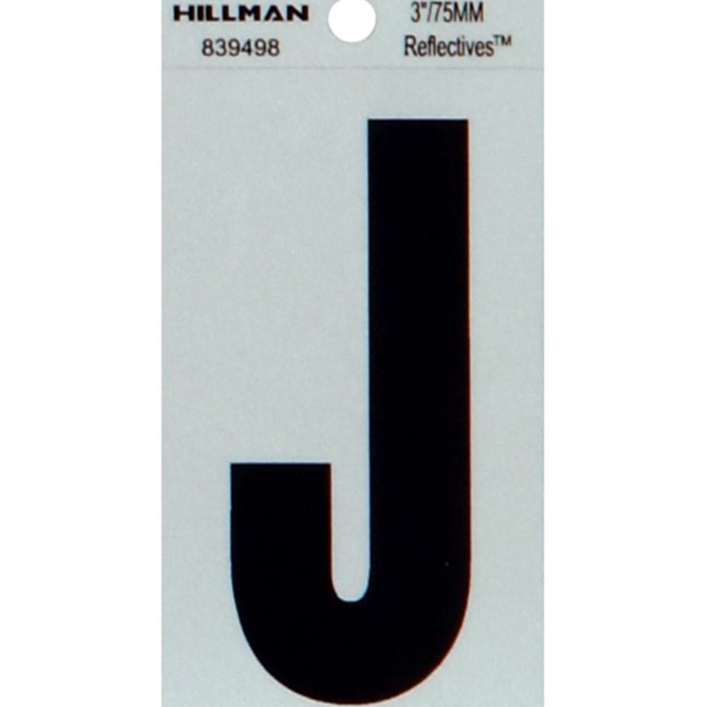 Hillman, 3" Black & Silver Thin Reflective Adhesive Letter J