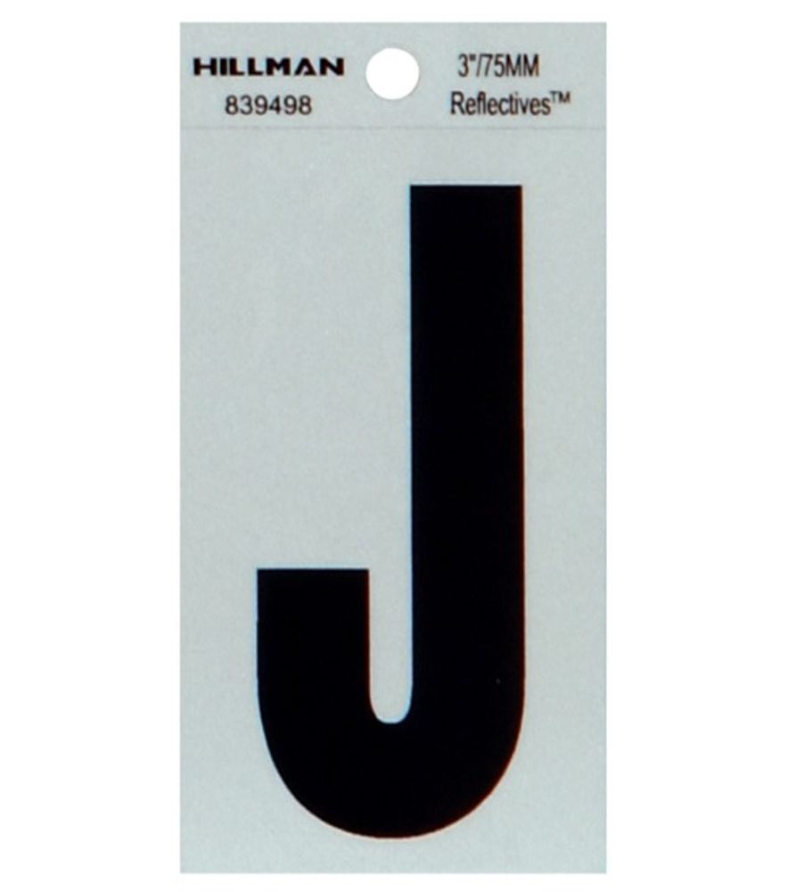 Hillman, 3" Black & Silver Thin Reflective Adhesive Letter J