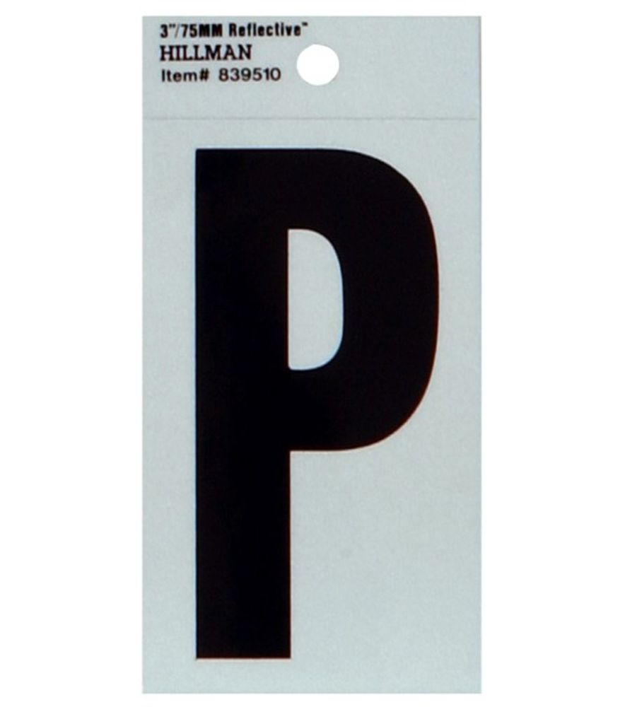 Hillman, 3" Black & Silver Thin Reflective Adhesive Letter P