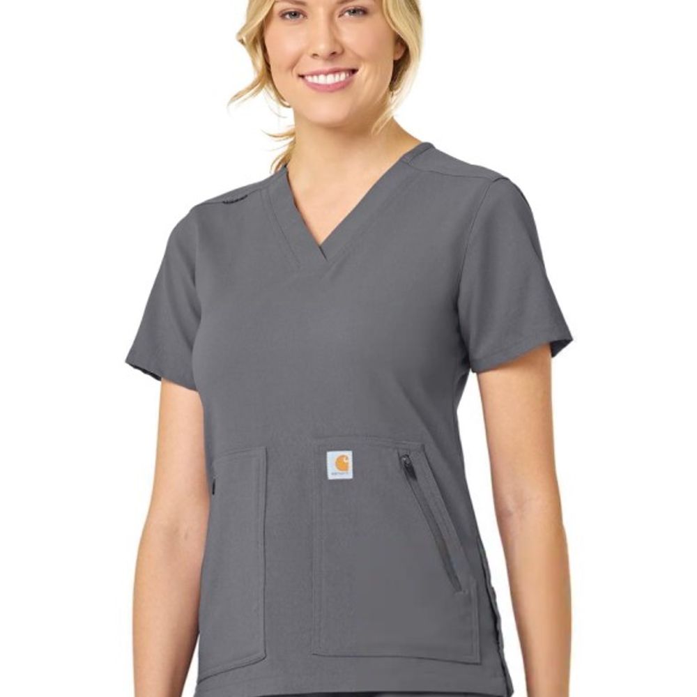Carhartt, Ladies Pewter Gray Rugged Flex Peak 4 Pocket V-Neck Scrub Top