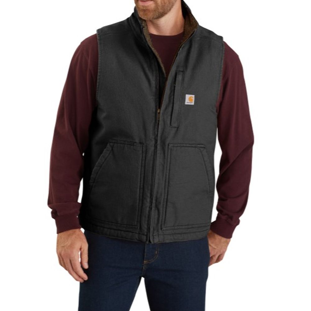 Carhartt, Men's Black Loose Fit Washed Duck Sherpa-Lined Mock-Neck Vest