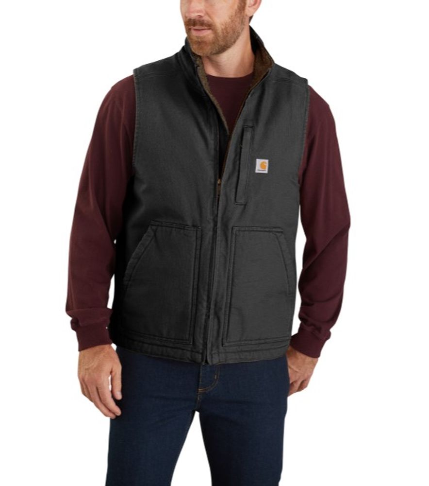 Carhartt, Men's Black Loose Fit Washed Duck Sherpa-Lined Mock-Neck Vest