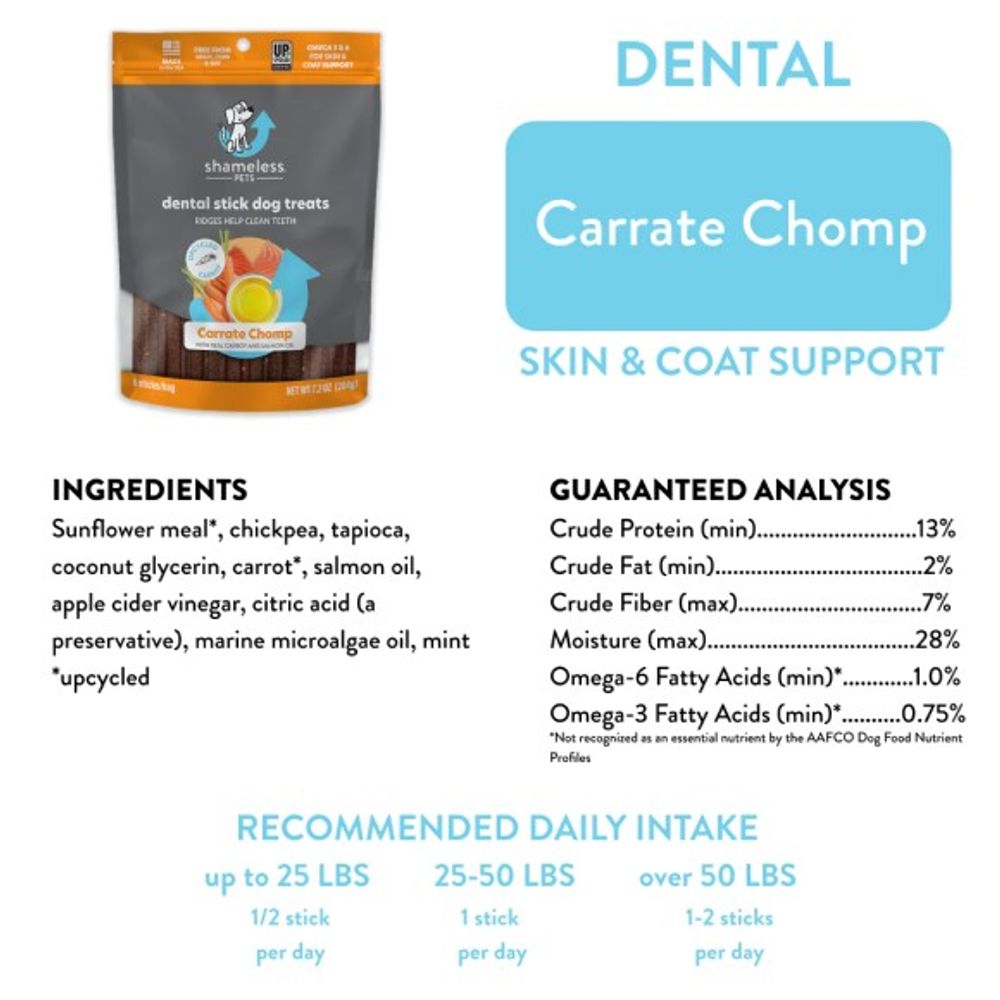 Shameless Pets, Carrate Chomp Dental Stick Dog Treats, 7.2 oz