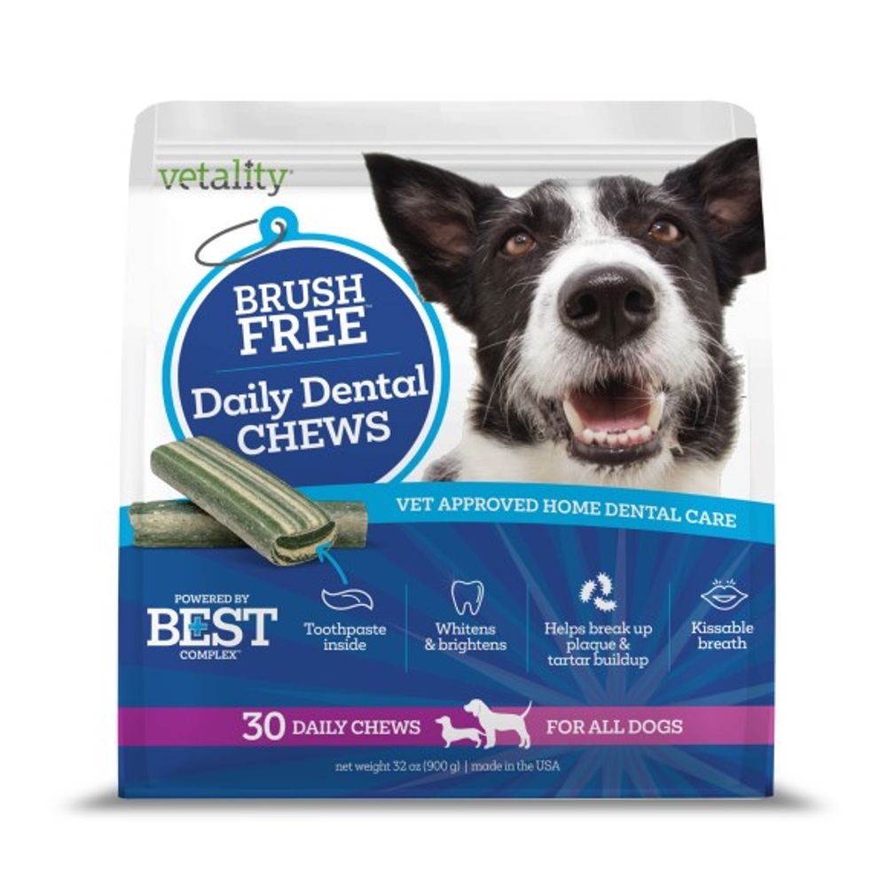 Vetality, Brush Free Daily Dental Chews for Dogs, 30 ct