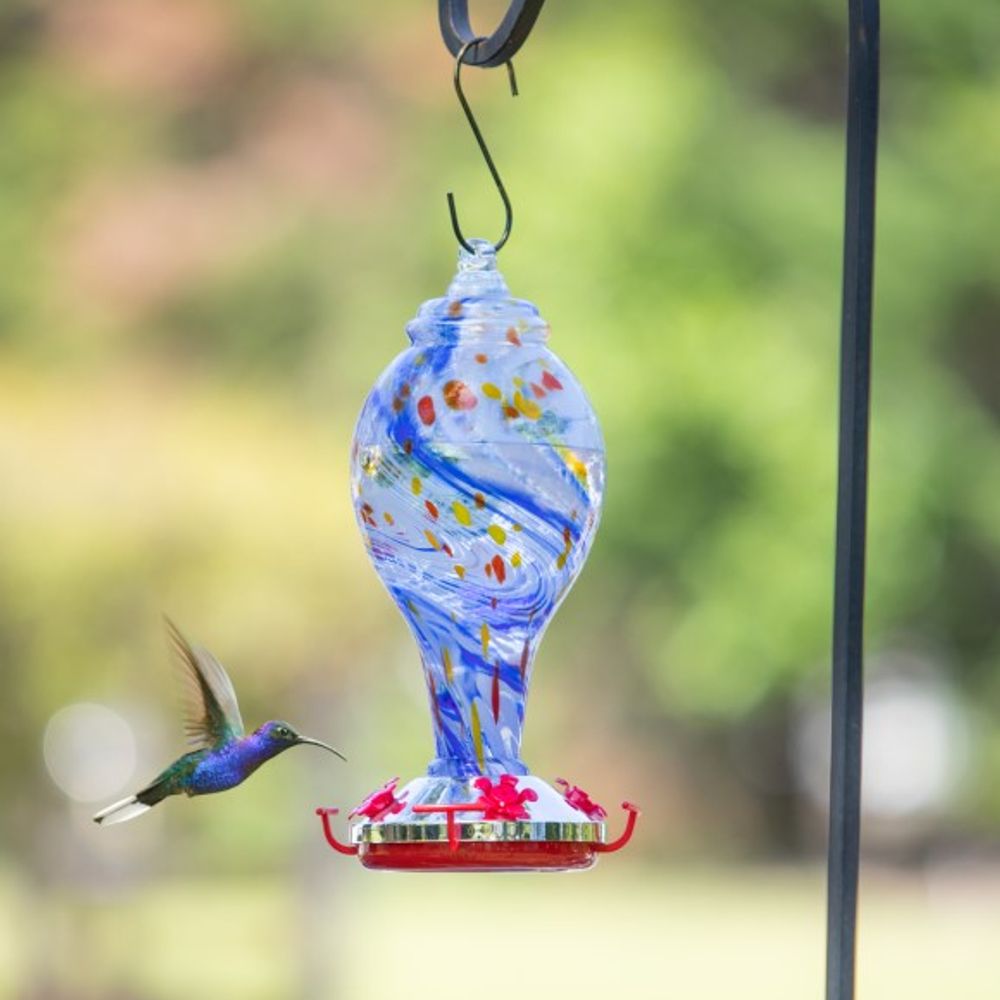Evergreen, Blue Swirl Glass Hummingbird Feeder