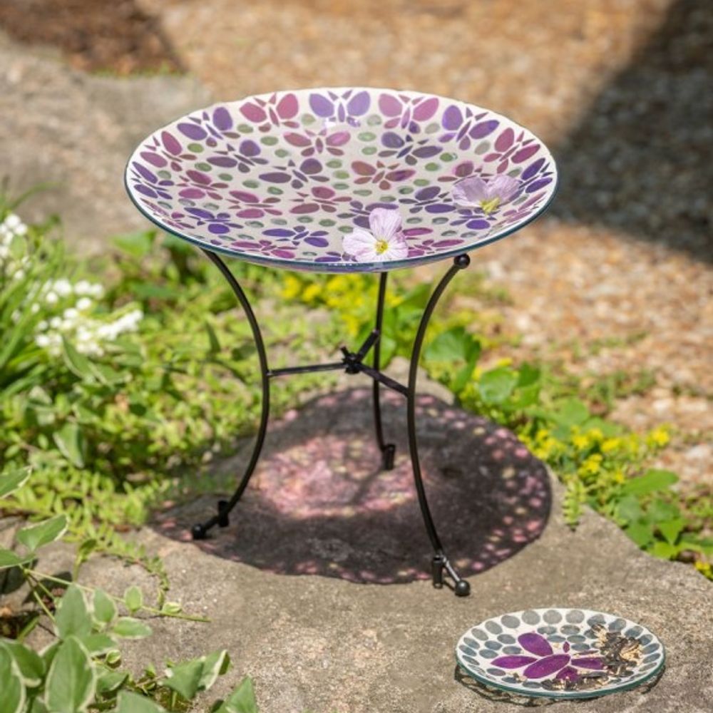 Evergreen, 16" Glass Butterfly Bird Bath with Stand & Dish