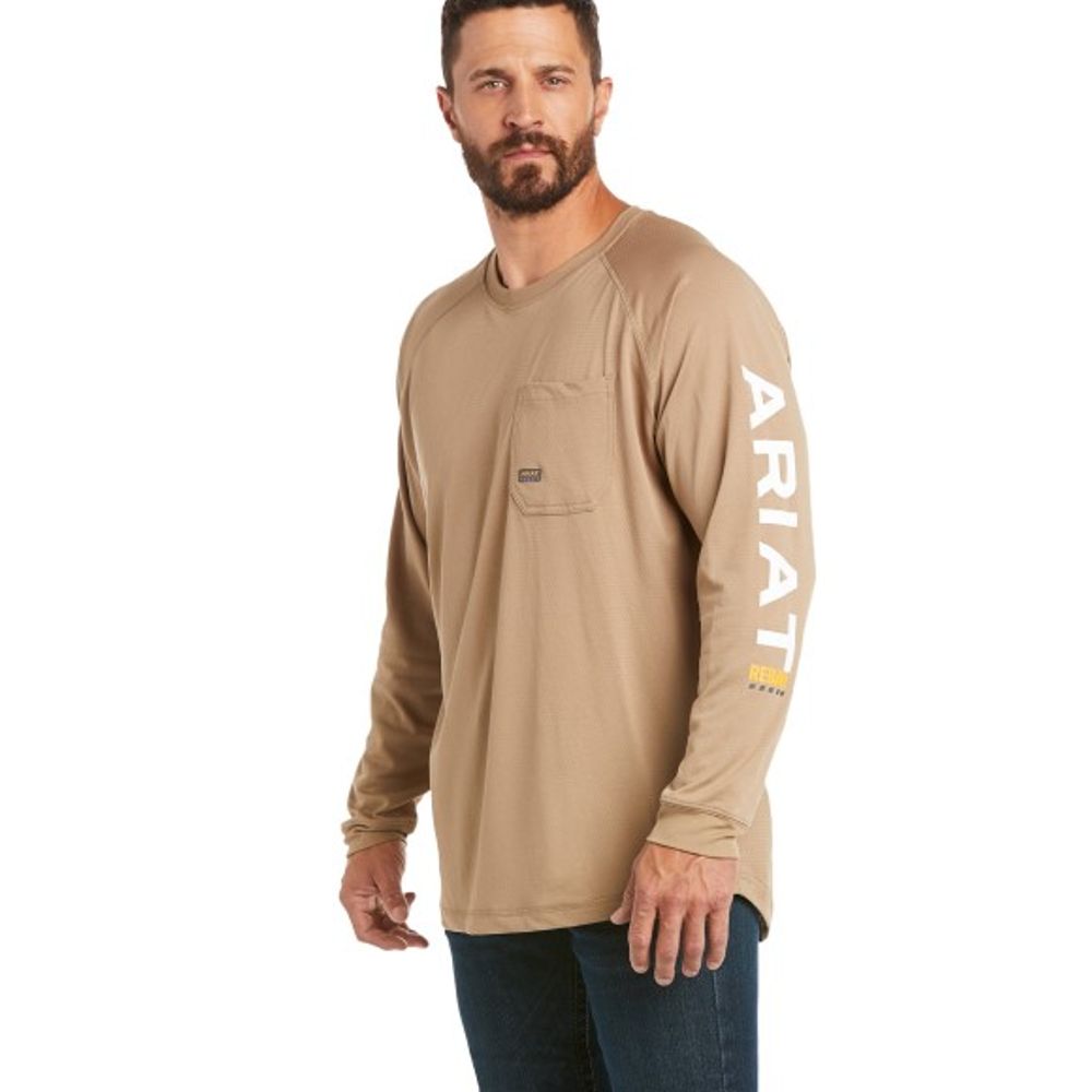 Ariat, Men's Khaki Rebar Heat Fighter Long Sleeve T-Shirt, 10031030