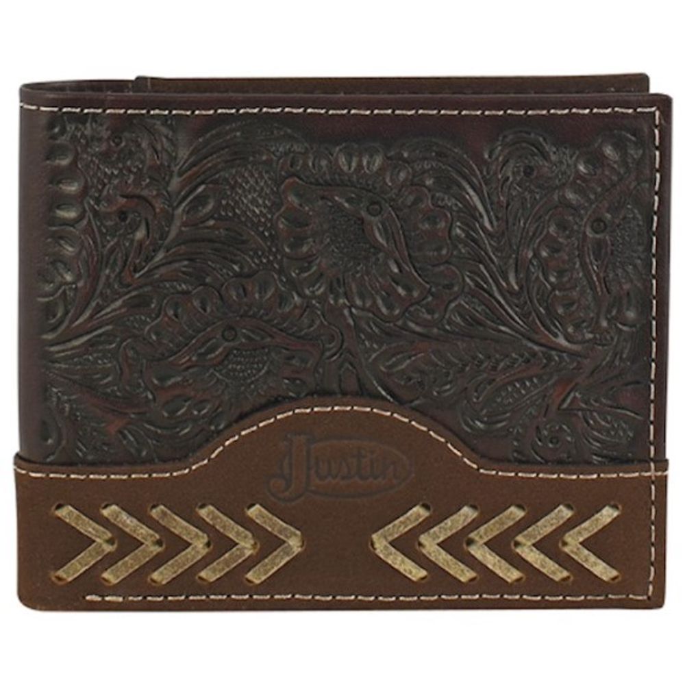 Justin, Men's Dark Brown Genuine Leather Tooled Rodeo Bifold Wallet