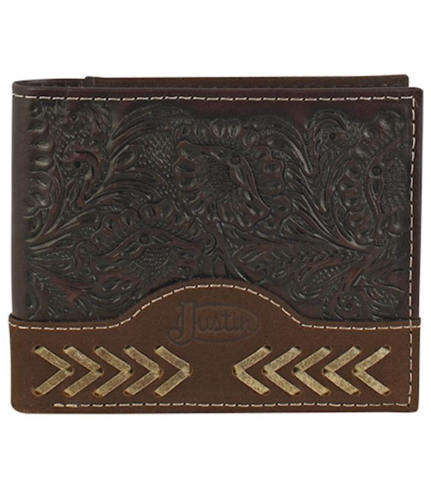 Justin, Men's Dark Brown Genuine Leather Tooled Rodeo Bifold Wallet