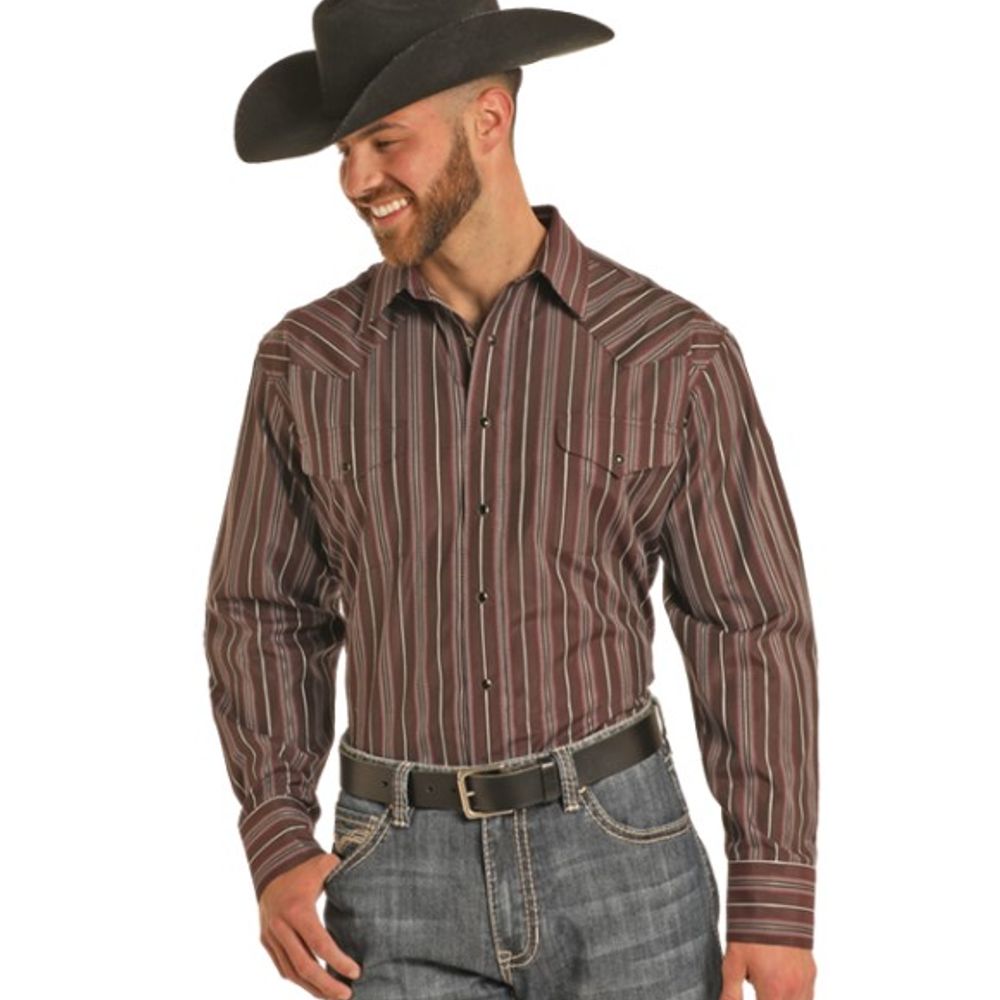 Rock & Roll, Men's Black Stripe Satin Dobby Snap Long Sleeve Shirt