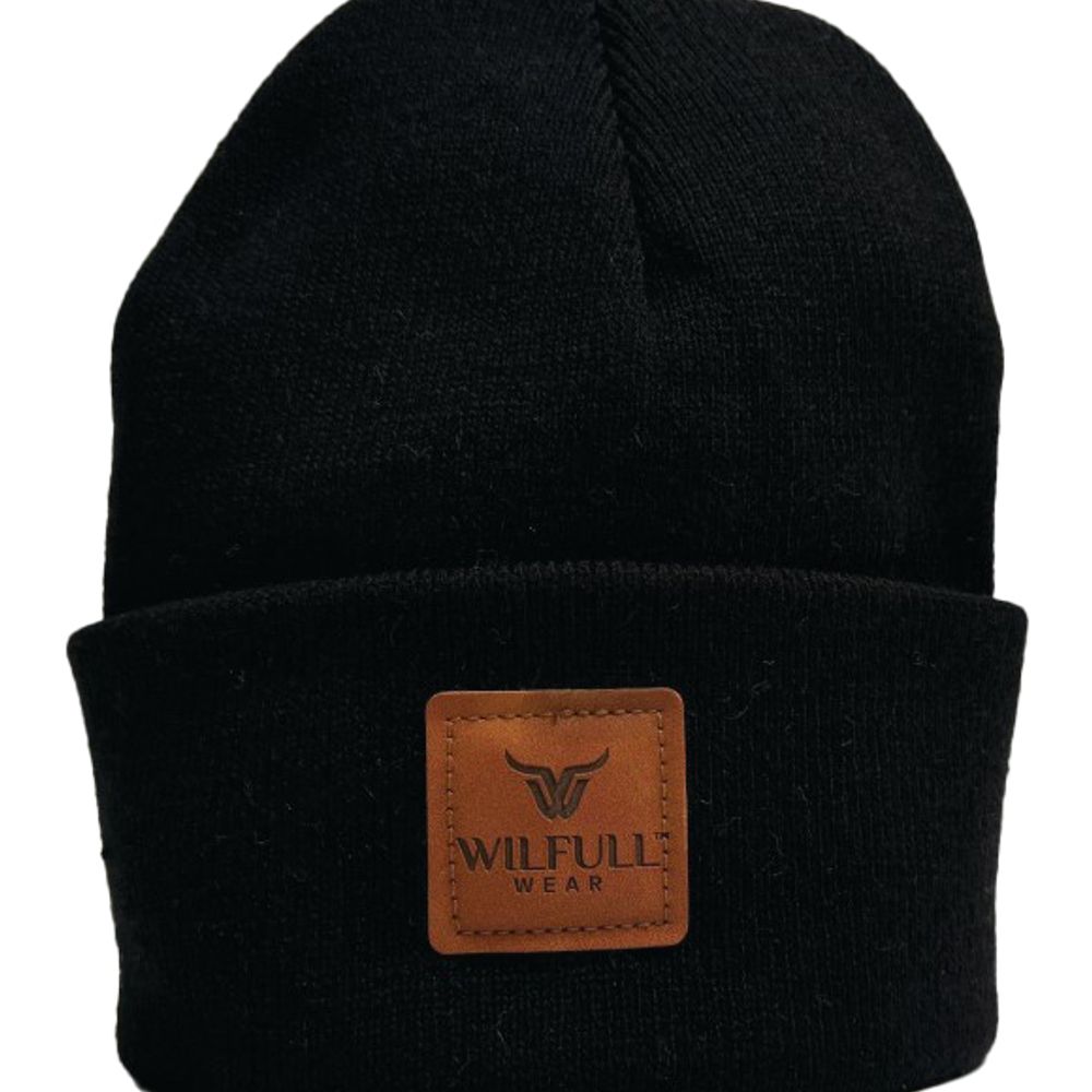 Wilfull Wear, Men's Black Faux Leather Patch Beanie