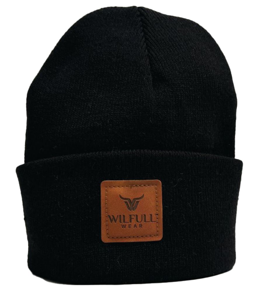 Wilfull Wear, Men's Black Faux Leather Patch Beanie