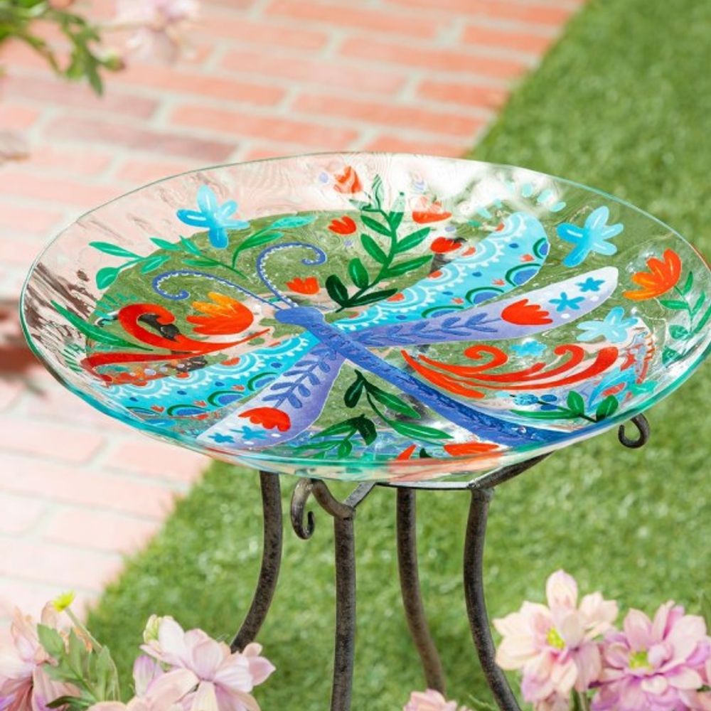 Evergreen, 18" Glass Dragonfly Bird Bath