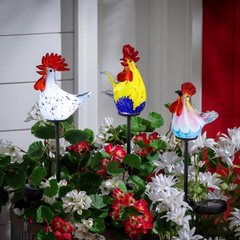 Evergreen, 23" Art Glass Rooster Solar Garden Stake