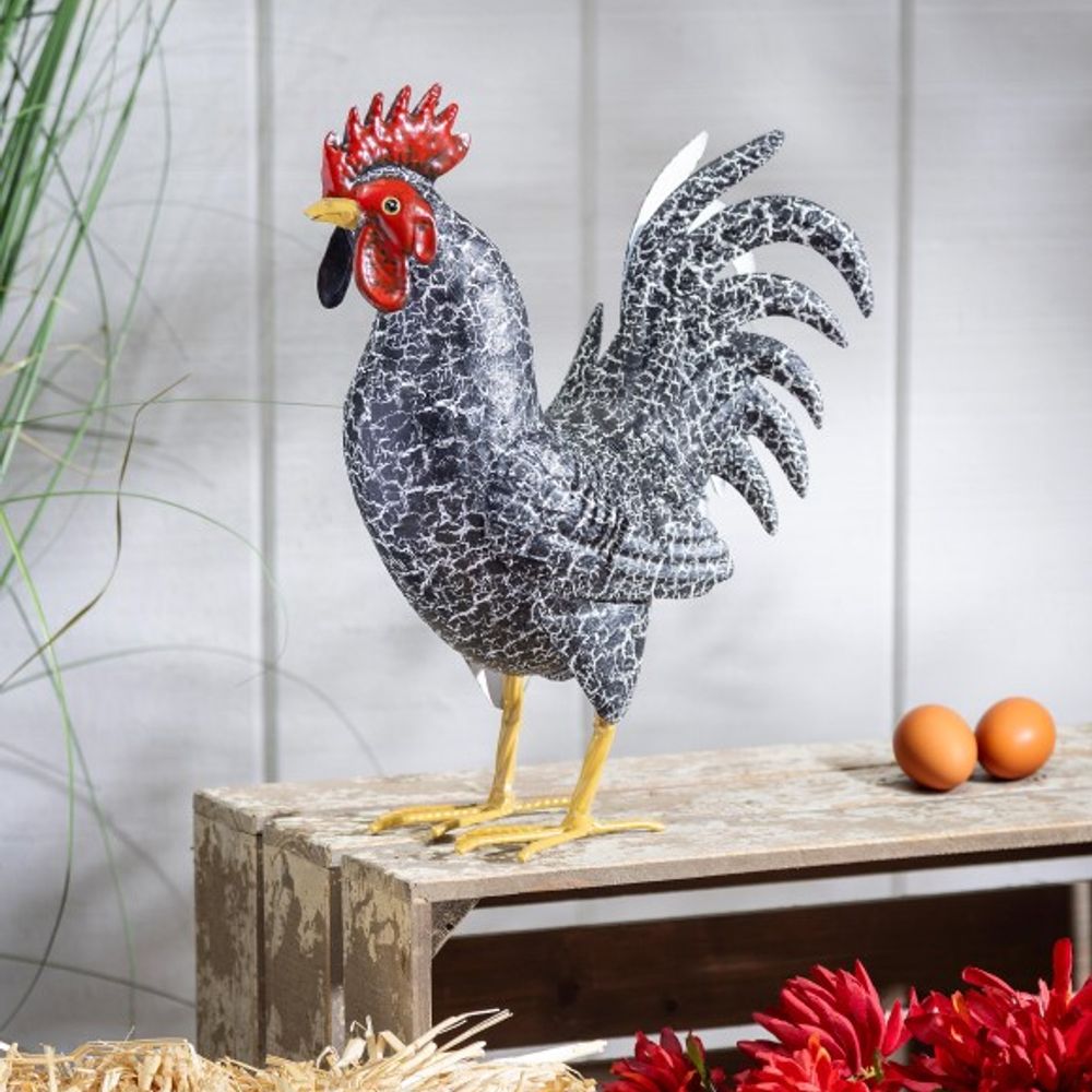 Evergreen, 14" Black/White Metal Rooster Statue