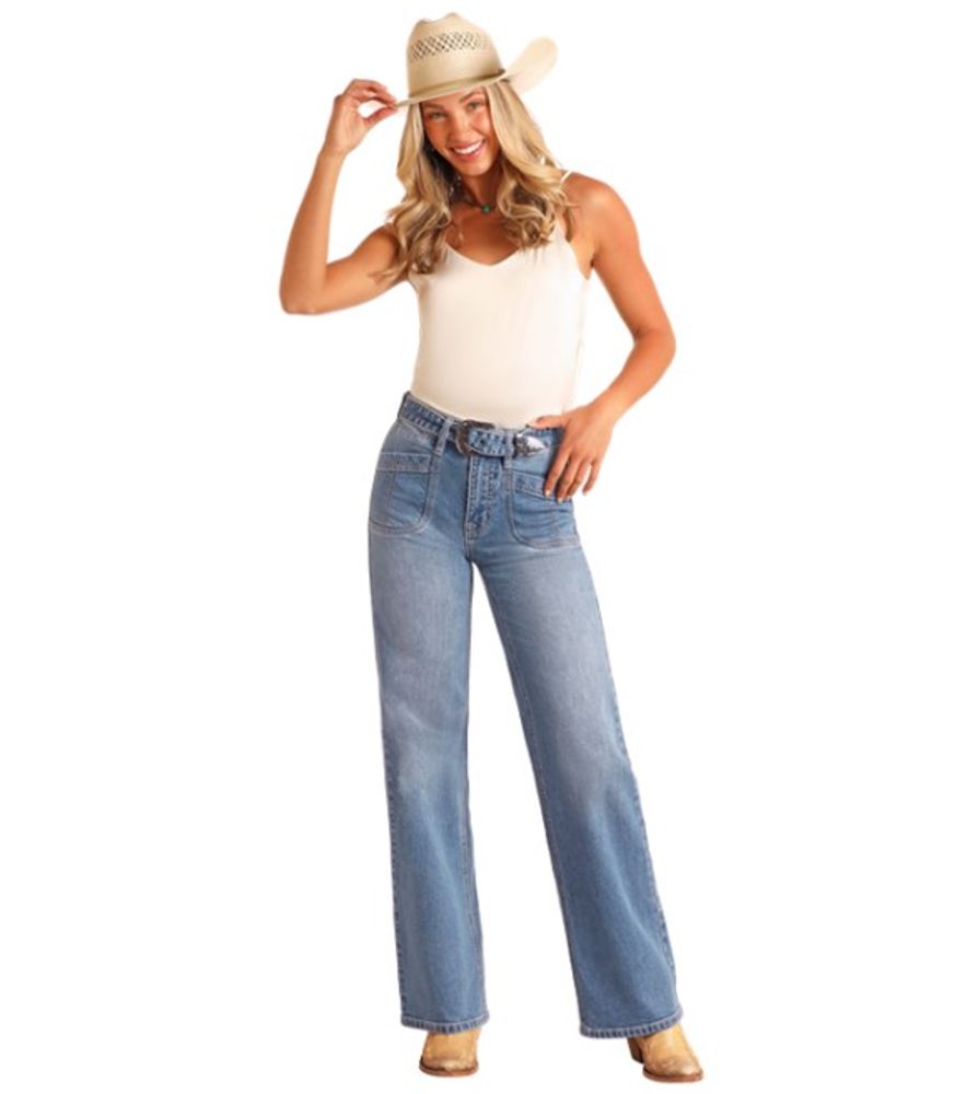 Rock & Roll, Ladies High Rise Belted Relaxed Flare Jean
